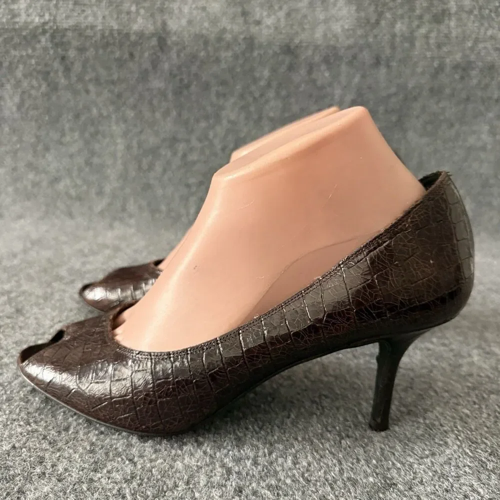 Donald J Pliner Tiff Brown Crocodile Embossed Slip-On Peep Toe Leather Pump 9N